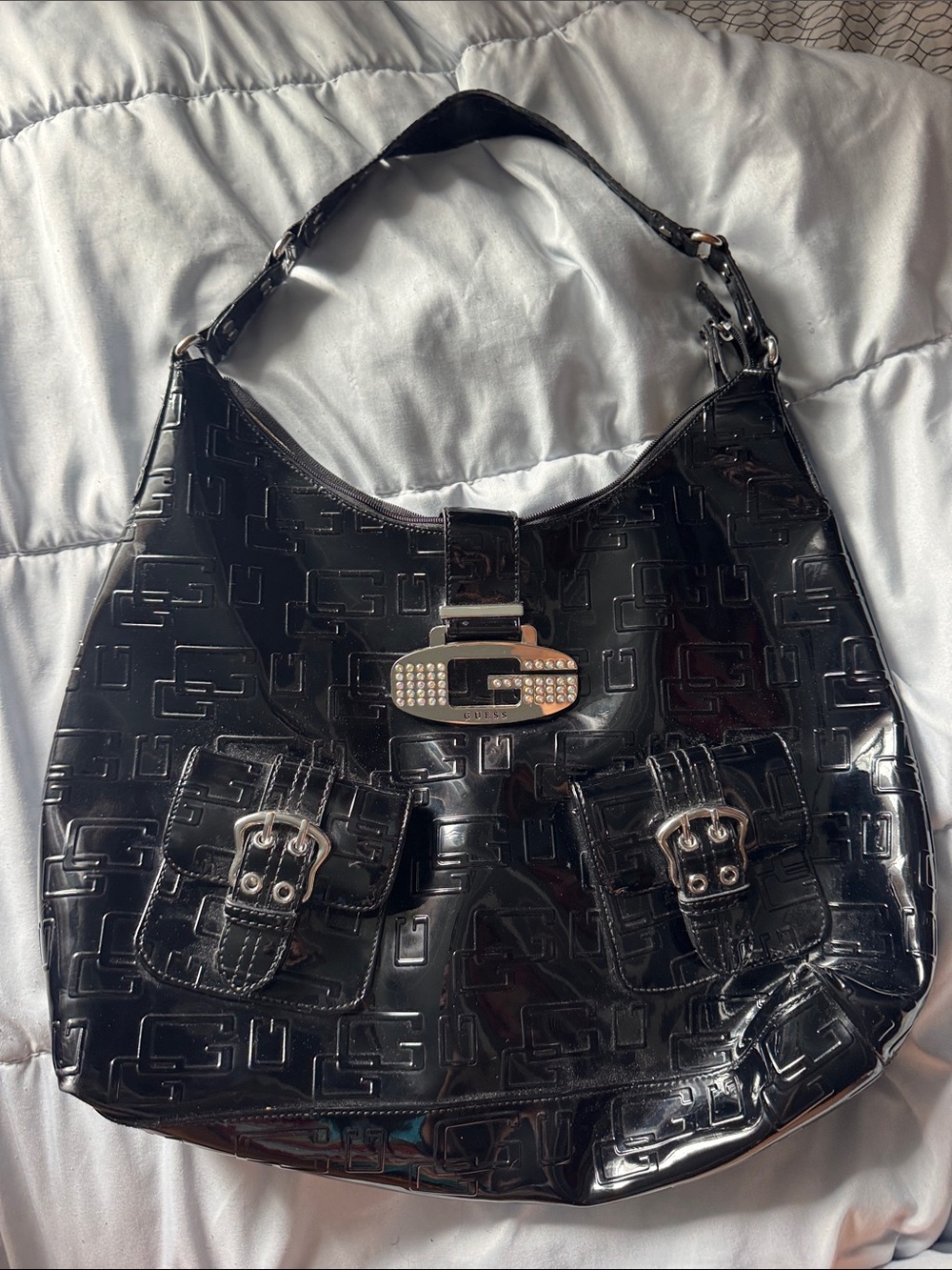 GUESS Black Patent Logo Hobo with Crystal-Accent Clasp